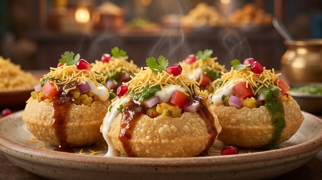 Mumbai Sev Puri Topped with Chutneys, Sev and Fresh Vegetables