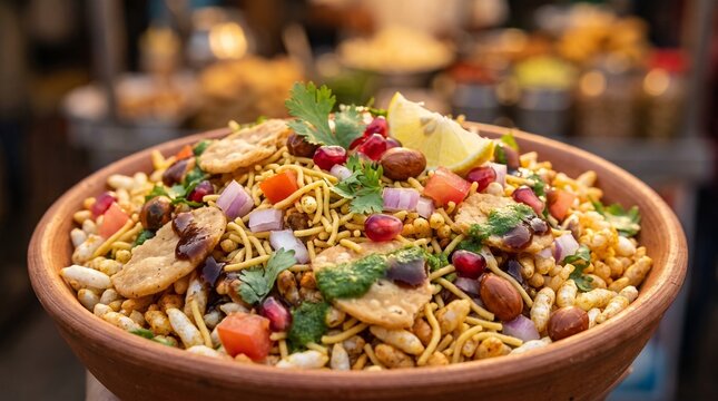 Authentic Mumbai Bhel Puri with Sev, Peanuts and Fresh Vegetables