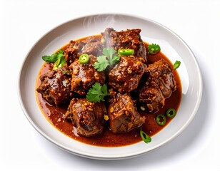Fototapeta premium Ramnad Mutton Ghee Roast On White Plate Isolated On White Background