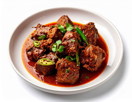 Ramnad Mutton Ghee Roast On White Plate Isolated On White Background