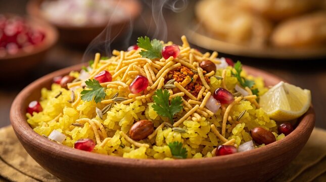 Traditional Indori Poha with Sev, Pomegranate and Peanuts