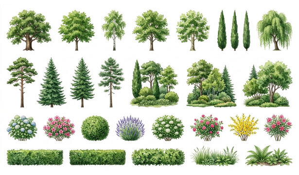 Realistic Trees Shrubs Bushes and Hedges Collection for Landscape Garden and Nature Design Projects