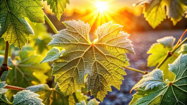 Sunlit grapevine leaves covered in powdery