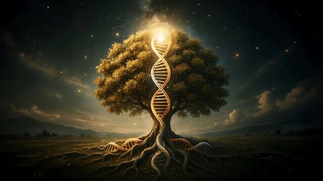 Glowing dna double helix structure merged with a large tree trunk at night under starry sky