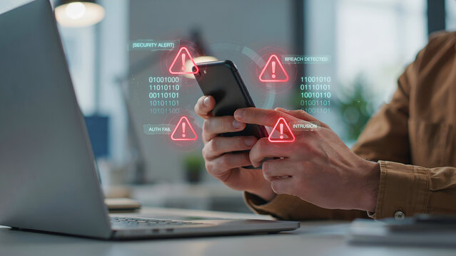 A person using a smartphone with holographic security alert text and red warning indicating a data breach and unauthorized intrusion