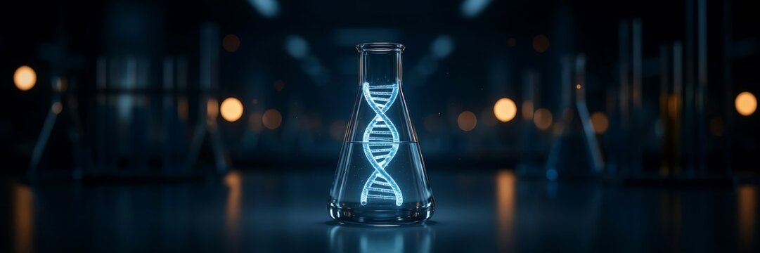Glowing white dna double helix structure inside a clear glass erlenmeyer flask in laboratory