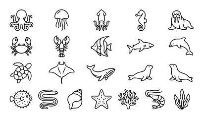 Marine Life Outline Icon Collection Featuring Octopus Jellyfish Crab Seahorse Shark Dolphin Starfish and Coral Elements © Crafts Home
