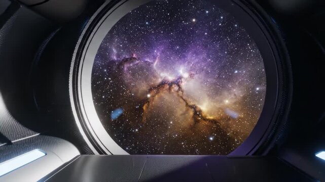 Spaceship interior with circular window looking at purple galaxy. Futuristic craft cockpit exploring deep space. Interstellar travel concept in metallic vessel