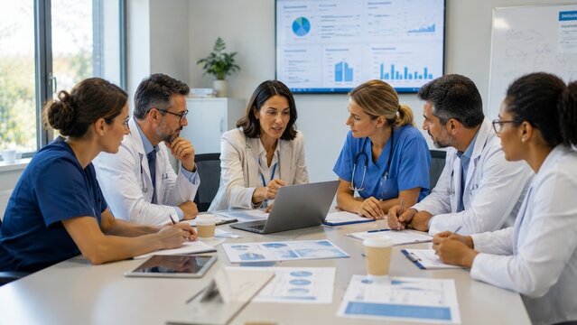 Multidisciplinary healthcare team meeting to review patient care strategy in modern hospital conference room
