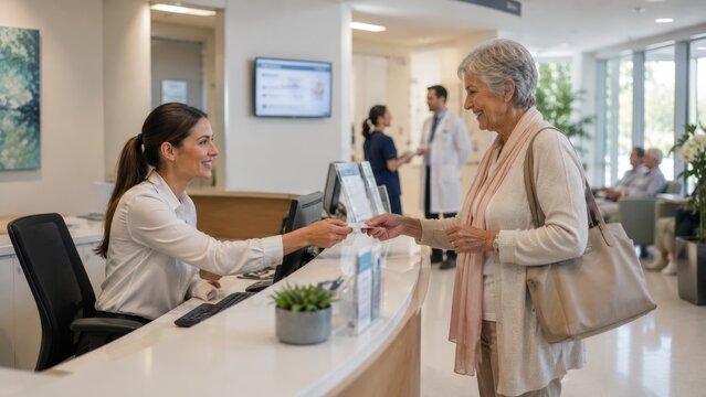 Friendly hospital receptionist welcoming senior patient at modern healthcare clinic reception desk