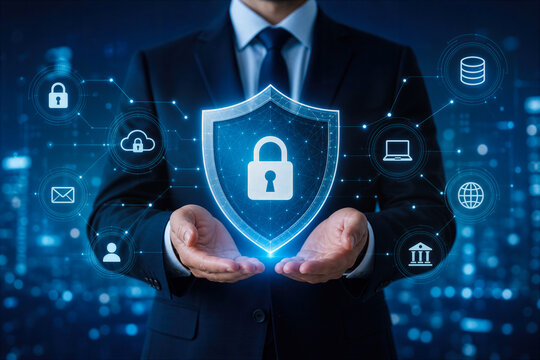 Business professional holding cybersecurity shield with digital network icons futuristic blue lighting data protection cyber security concept enterprise IT shield