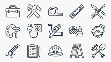 Industrial Black and White Line Drawing Toolkit Icons Set for Construction Repair and Safety Equipment © Hadi