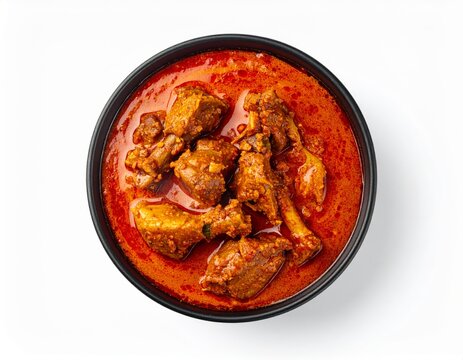 Spicy Mutton Salna Gravy In Matt Black Bowl Isolated On White Background