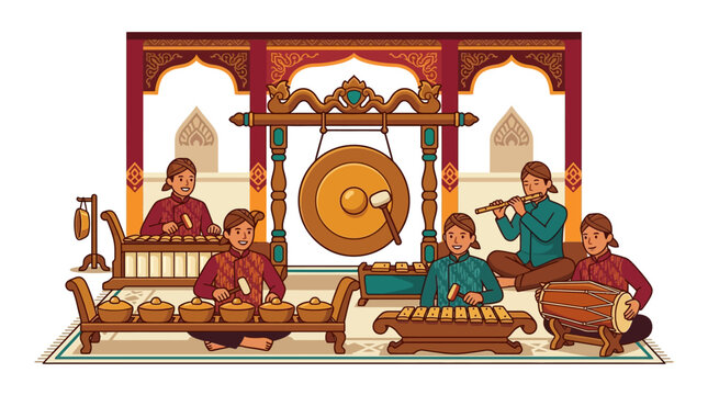 Complete Gamelan musical group performing in traditional pavilion.