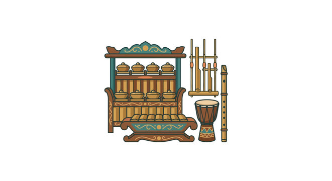 Complete Indonesian Gamelan orchestra percussion instruments set.