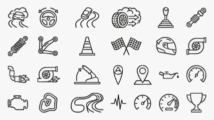 Fototapeta premium Professional Black and White Line Icons Set Featuring Car Parts Racing Elements Navigation and Vehicle Maintenance Symbols