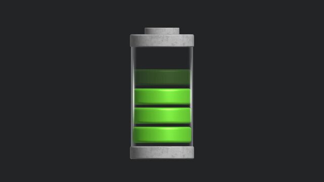 Vertical glass cell battery charging up with green glowing segments loop isolated on a dark transparent background
