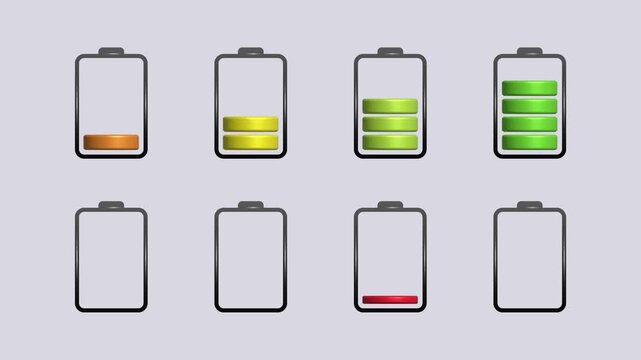 Set of eight diverse battery status icons showing charging levels percentage alerts and plugging signs isolated