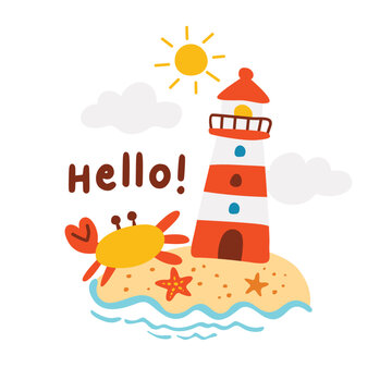 Lighthouse and Crab on Sandy Beach with Sun Illustration