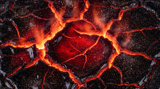 Molten Lava Texture with Cracked Dark Surface and Red Glow Closeup