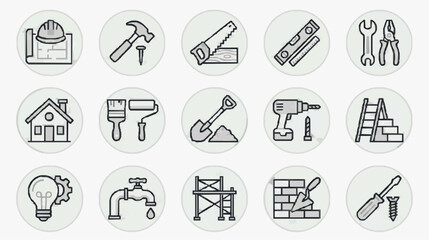 Fototapeta premium Minimalist Black and White Line Icons Set of 15 Essential Construction and Home Repair Tools and Equipment
