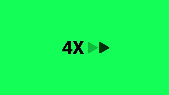 Animated 4x speed fast forward icon loop on green background. 4X speed play button animation. Video speed in 4x animation to overlay when speeding up a video for music, video concept