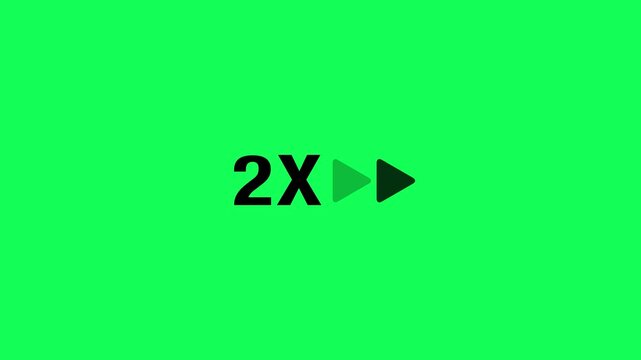 Animated 2x speed fast forward icon loop on a green background. 2X speed play button animation. Video speed in 2x animation to overlay when speeding up a video for music, video concept