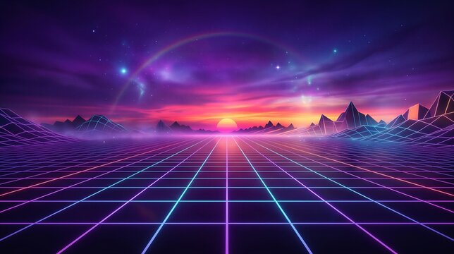 Retro synthwave landscape with digital grid and sunset