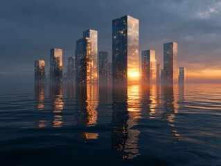 Fototapeta premium Floating glass city above ocean at sunset, glowing skyscrapers reflecting on water, cinematic wide shot, ultra realistic architecture concept. 