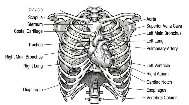 A detailed illustration of the human thoracic cavity and ribcage with labeled organs and bones.