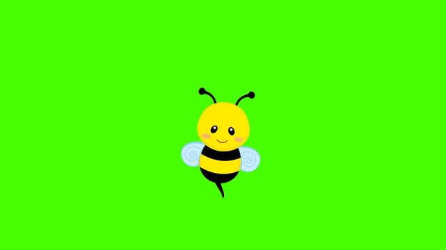 A charming and humorous animated cartoon bee. The bee is plump, yellow and black striped, with disproportionately large, comical googly eyes and small white wings. It is hovering in place against a so