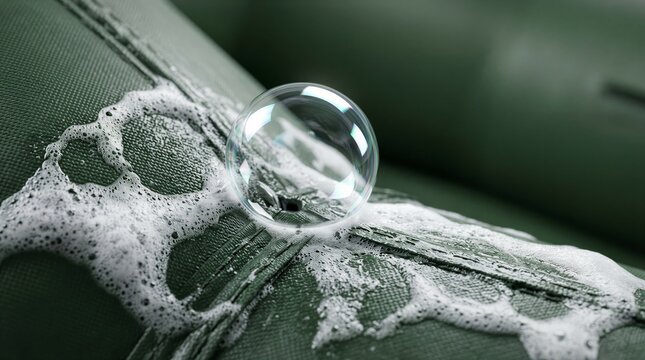 Close-up of a soap bubble leak test on a green inflatable boat or raft seam, showing foam and air bubble indicating a puncture hole.