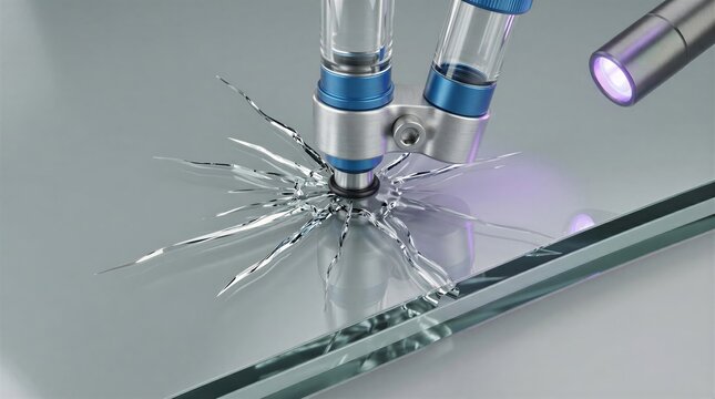 Professional windshield crack repair tool injecting resin into damaged glass with UV curing light.