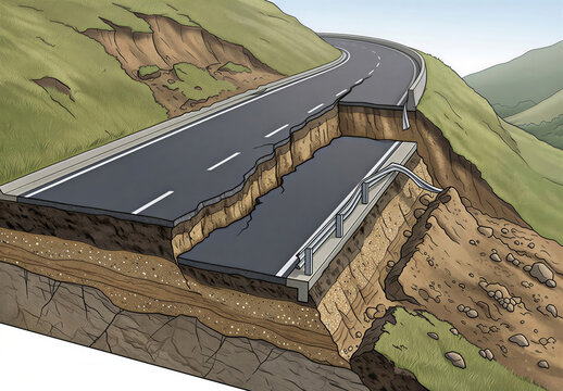 Cross section illustration of a mountain asphalt road collapsed and damaged due to a landslide and soil erosion on a hillside.
