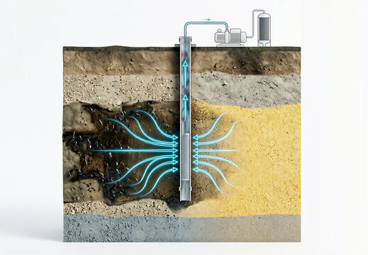 Geological cross section diagram showing a well pumping system extracting water and contaminants from underground soil layers.