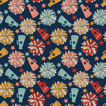 Vintage Cheerleading Retro Sport Seamless Pattern With Pom Poms Megaphones And Stars For Apparel Fabric Sublimation Paper Prints Wall Art