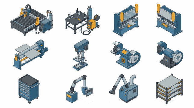 Collection of isometric industrial machinery and equipment icons for manufacturing and fabrication processes.