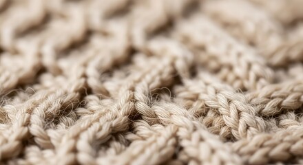 Fototapeta premium Macro view of soft beige natural wool textile showing intricate knitted patterns with a shallow depth of field for a warm cozy background, cream, fabric, background