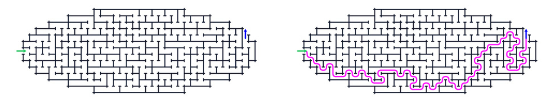 Logic game with labyrints,Maze game,Maze Puzzle foor kids,Labyrinth With Entry And Exit,Maze For Activiity Book,Puzzle Labyrinth, Word maze puzzle with highlighted solution path in pink