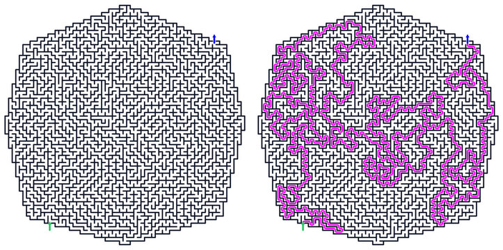 Logic game with labyrints,Maze game,Maze Puzzle foor kids,Labyrinth With Entry And Exit,Maze For Activiity Book,Puzzle Labyrinth, Abstract maze pattern in hexagonal shapes with purple paths  