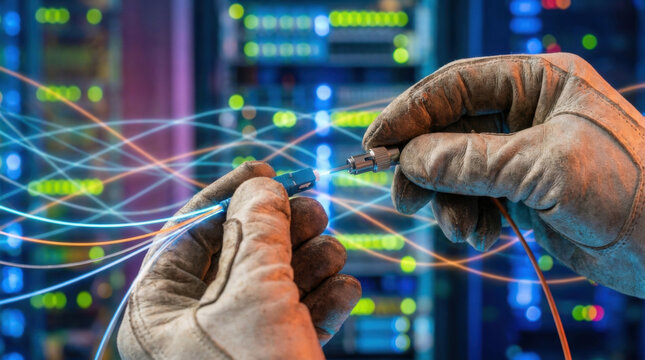 Gloved hands connecting fiber optic cable in data center with blurred server rack and glowing network lines