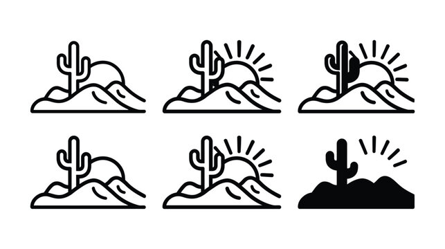 Cactus icon set of desert landscape line art symbols