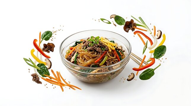 Glass bowl of korean japchae glass noodles with stir-fried vegetables and beef on white background