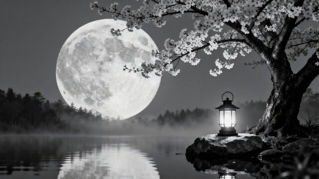 Moonlit tree by water with lantern