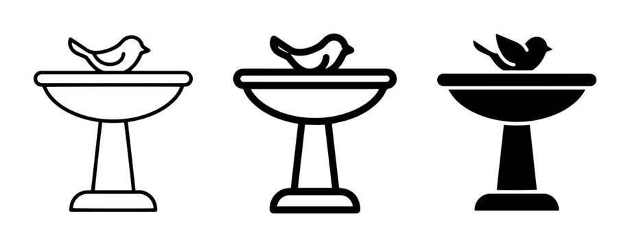 Bird Bath Icons Set, Simple Line Art and Solid Silhouette Designs