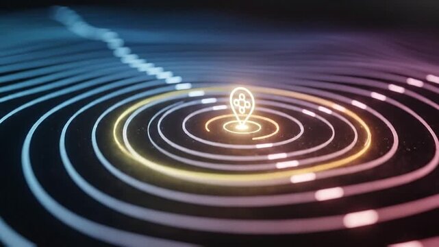 Location Pin Icon with Concentric Circles in a Digital World.