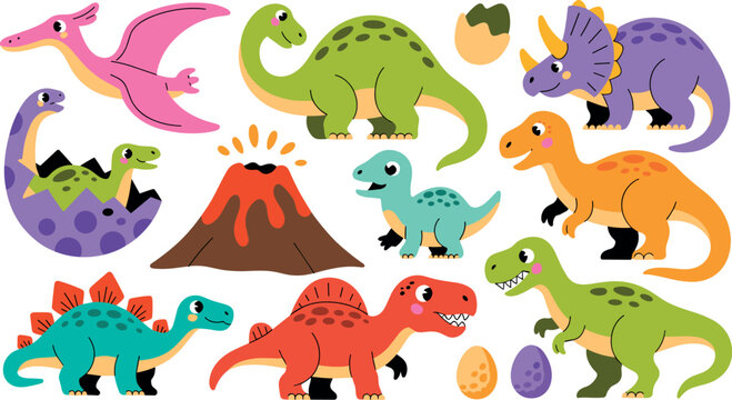 Cute cartoon dinosaur vector collection featuring friendly triceratops stegosaurus tyrannosaurus rex and active volcano for children nursery design elements