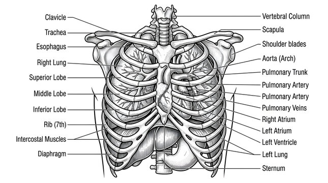 Detailed anatomical illustration of a human ribcage and thoracic organs