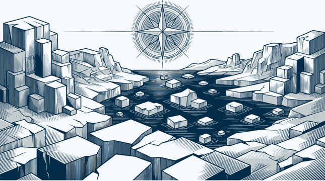 Digital navigation concept with compass globe over 3D data blocks.