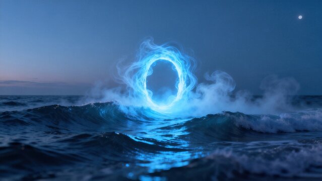 Ocean wave with glowing blue portal
